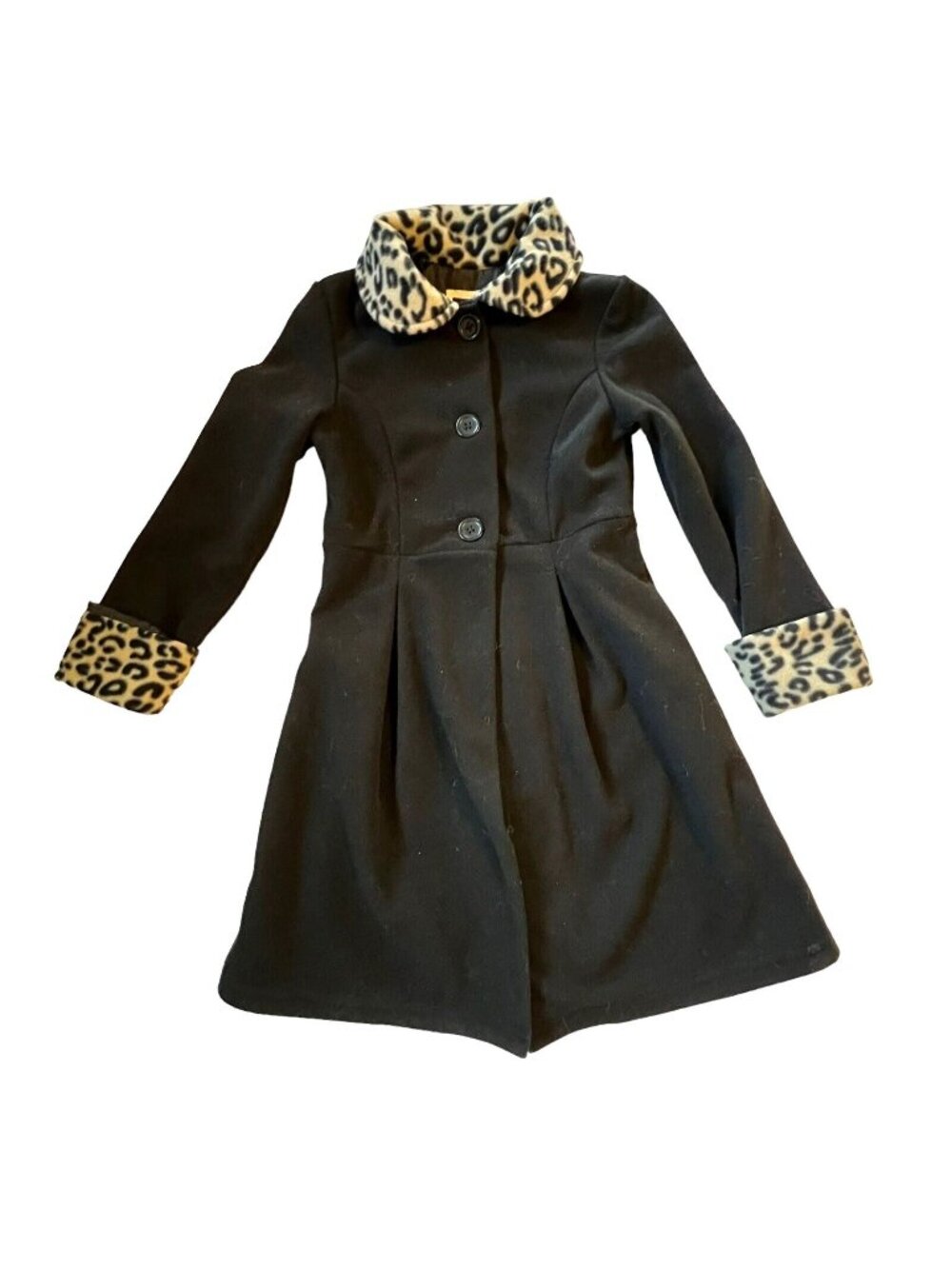 Vtg Copper Key Black Coat Faux Fur Leopard Trim Collar Cuffs Girls 7/8 Pockets